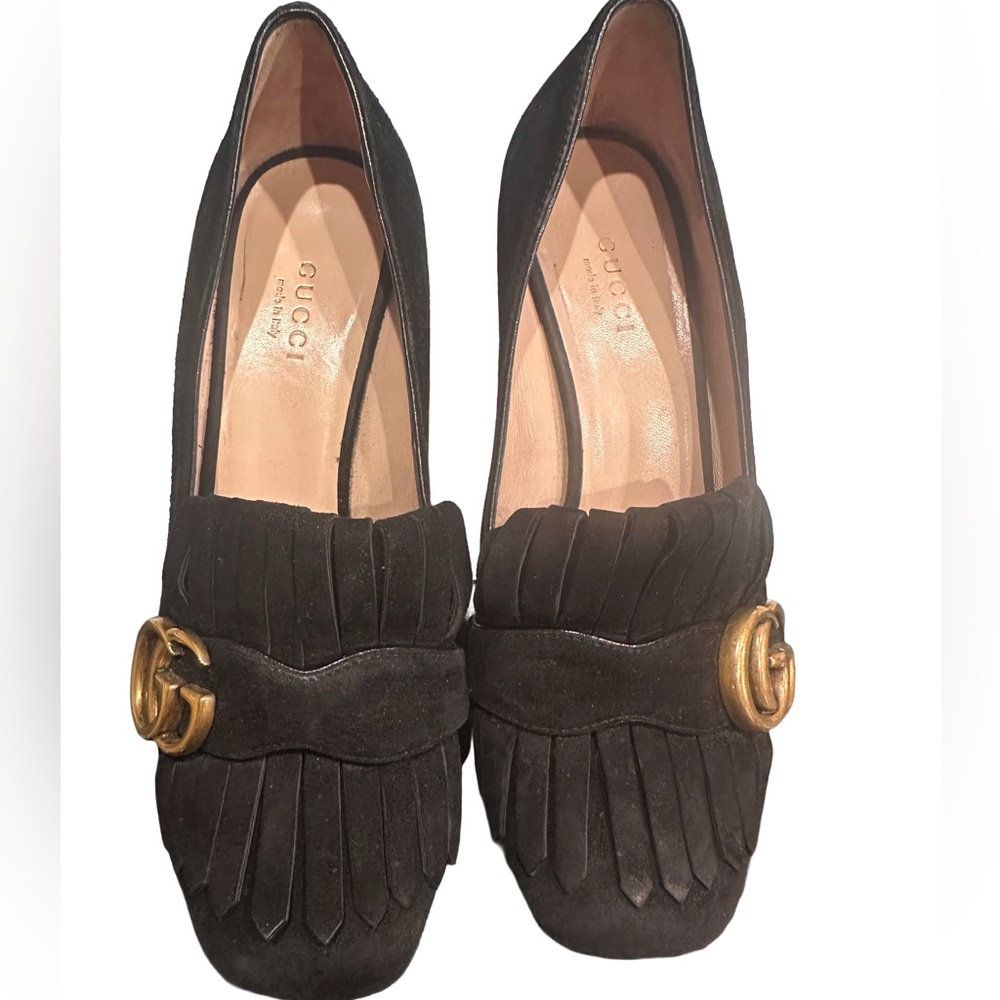 Gucci Black Suede Fringe Loafers with Gold GG Hardware